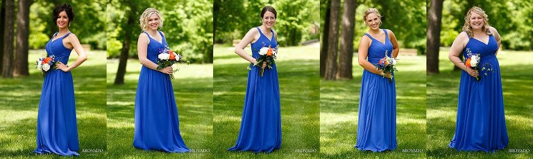 Bridesmaids posing in blue dresses