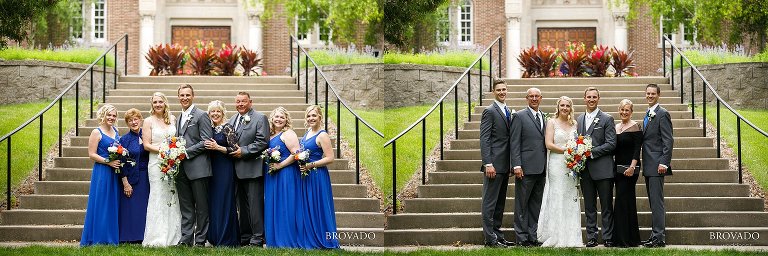 Bride and groom posing with their families