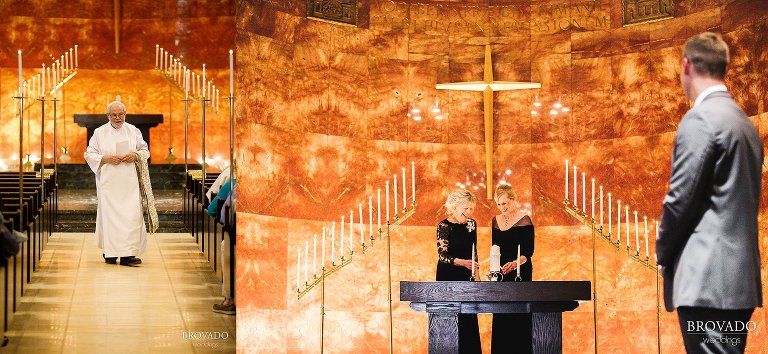 Mothers of the bride and groom lighting unity candle