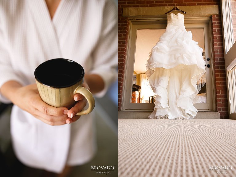 Annie holding her wedding day cup of coffee