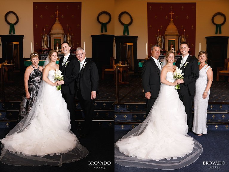 Family formal portraits at the front of the church