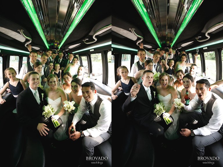 Wedding party posing on party bus
