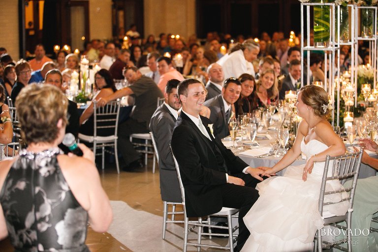 Bride and groom laughing together