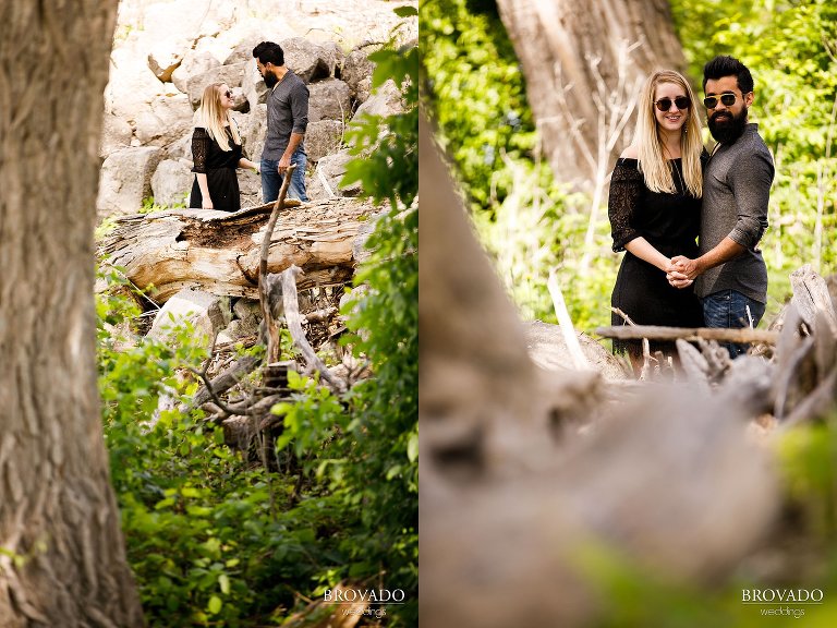 Engaged couple wearing sunglasses