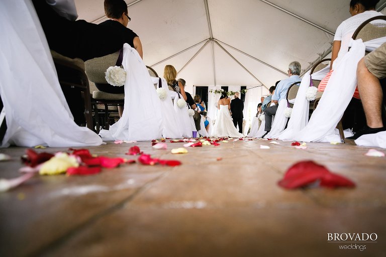 Sally and Daniel stand at the end of a rose petal covered aisle