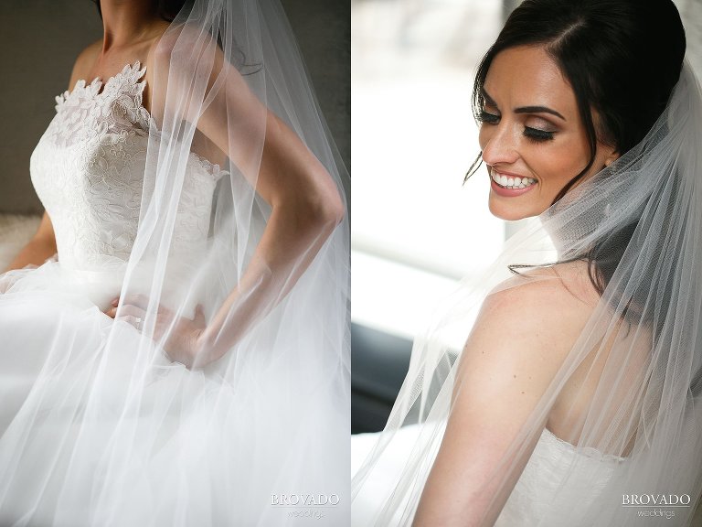 Laura posing with her long bridal veil