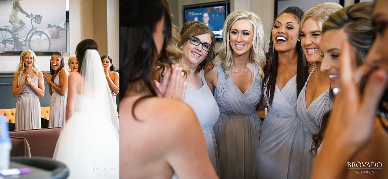 Bride having a first look with her bridesmaids