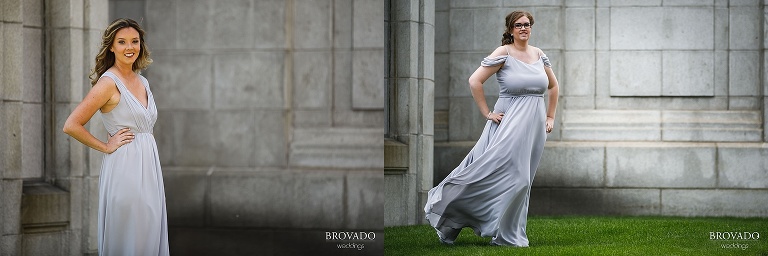 Bridemaids posing outside of the Basilica of St. Mary's 