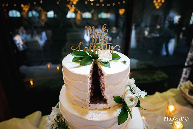 Wedding cake with a slice taken out