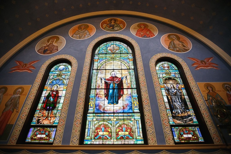Stained glass windows in catholic church