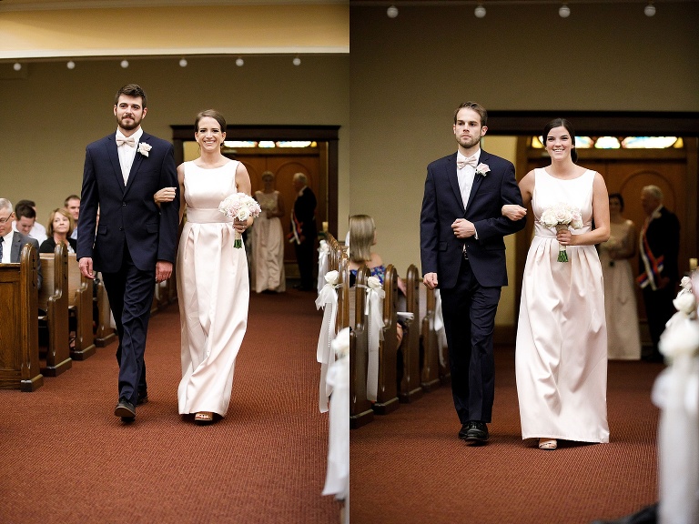 Bridesmaids and groomsmen walking down the aisle