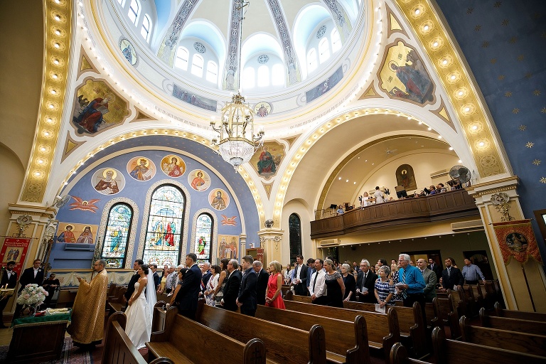 Wide angle of bright catholic church