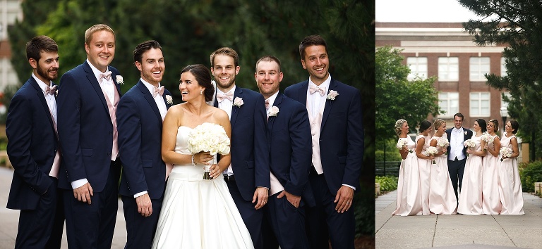 Bride with the groomsmen and groom with the bridesmaids