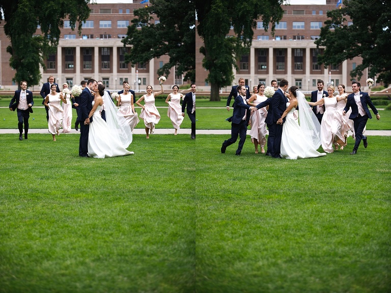 Wedding party running towards bride and groom