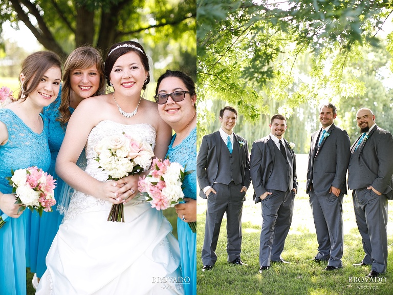 Bride with bridesmaids and groom with groomsmen