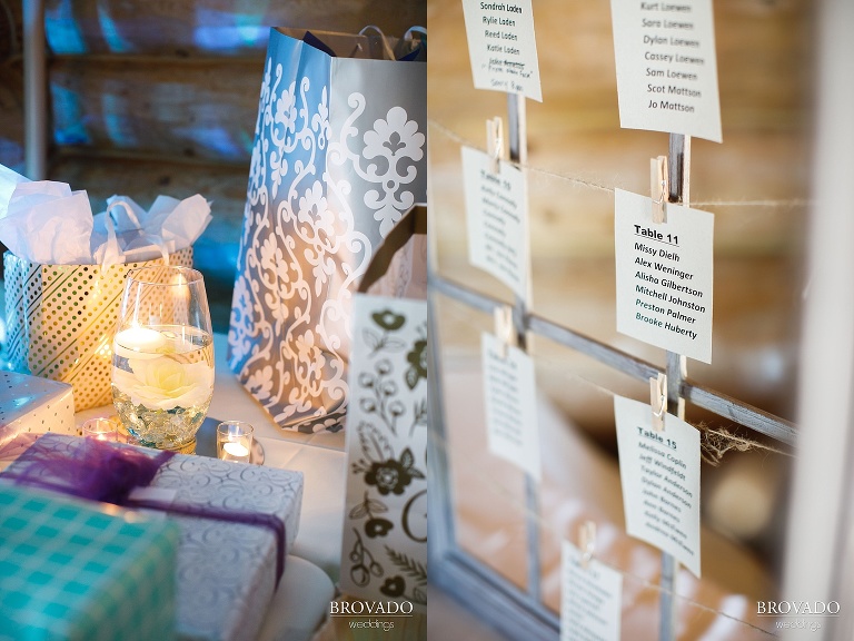 Closeup of floating candle and table namecards