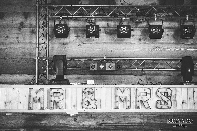 Mr and Mrs sign at wedding reception