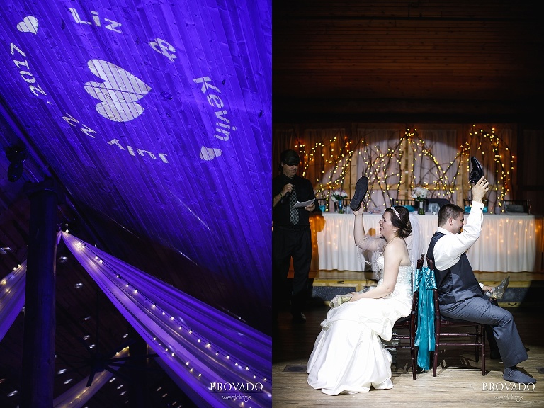 Bride and groom play shoe game on dance floor