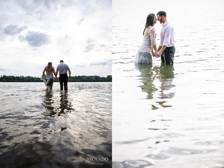 Married couple walking further into lake