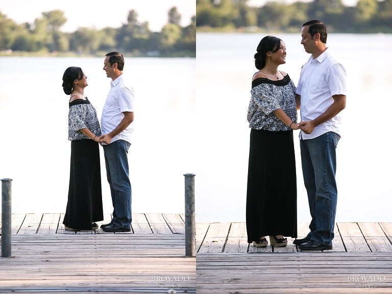 diptych of christine and nick on a dock