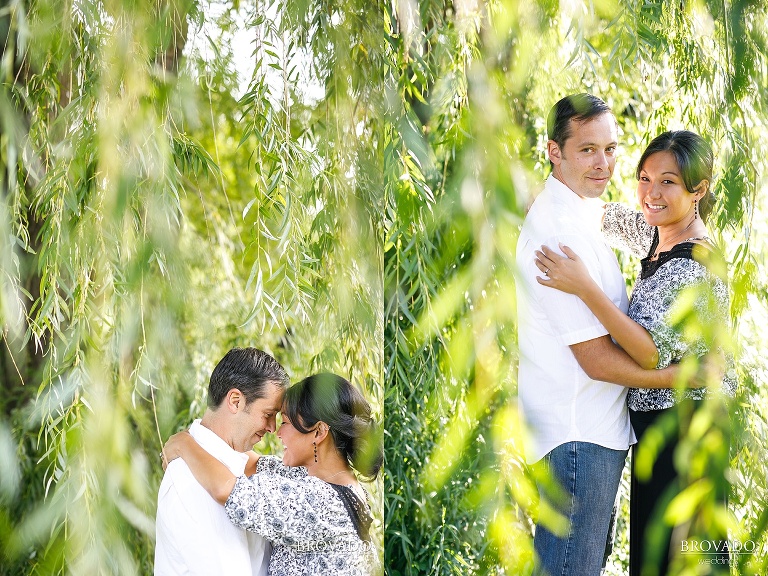 bright engagement photos in summer foliage