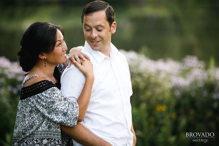 Nick looking over his shoulder at his fiance