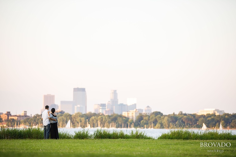 Christine and Nick looking at Minneapolis skyline