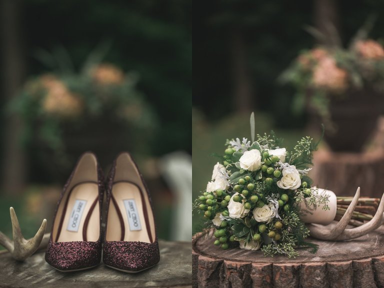 Detail of antlers, sparkly maroon wedding heels, and bouquet