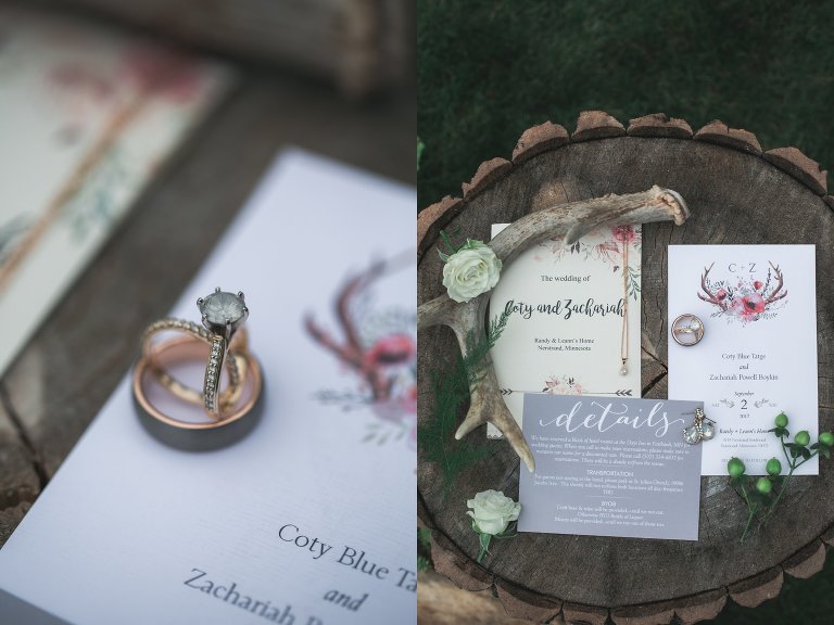 Detail of wedding rings and invitations
