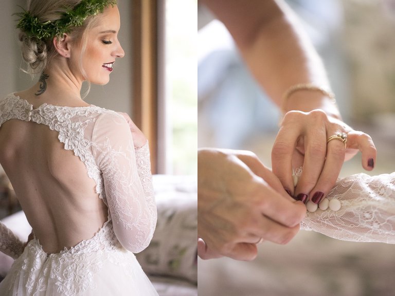 Coty getting dressed in white lace backless wedding dress