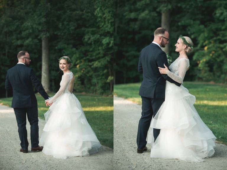 Zach and Coty walking through farm wedding venue