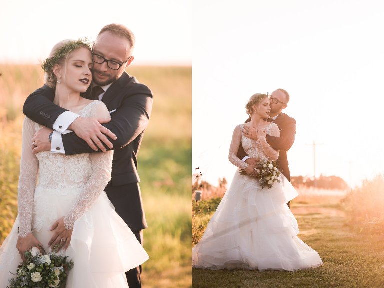 Warm and romantic sunset bride and groom portraits