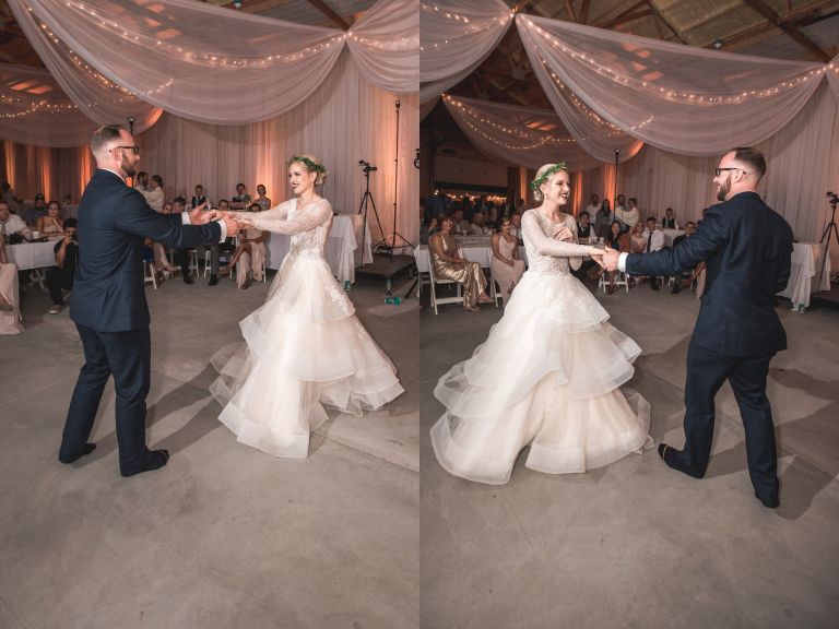 Coty dancing in tiered dress and wreath crown