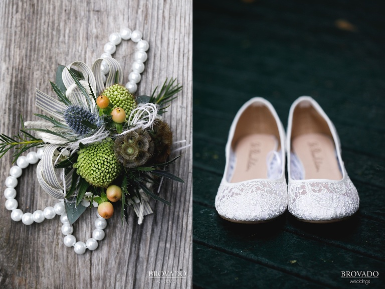Details of wedding corsage and white lace shoes