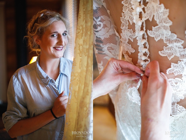 Nina putting on her white lace wedding dress