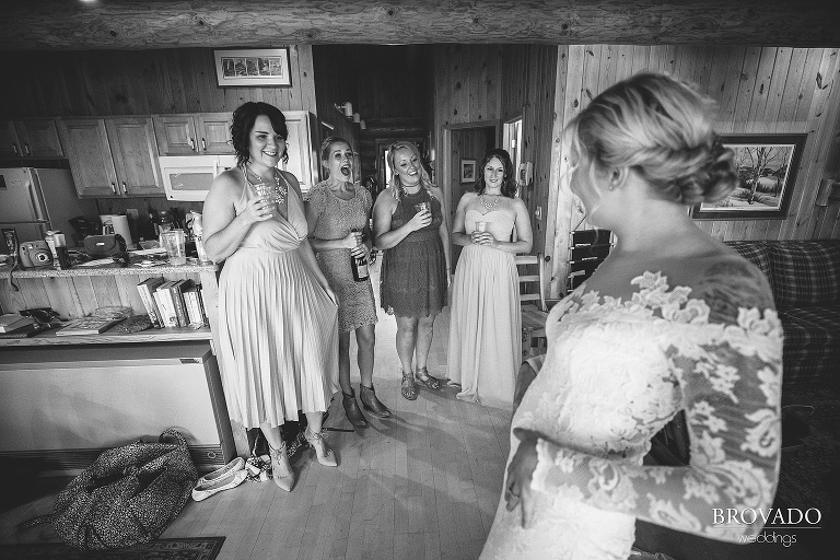 Bridesmaids reacting to Nina's wedding dress