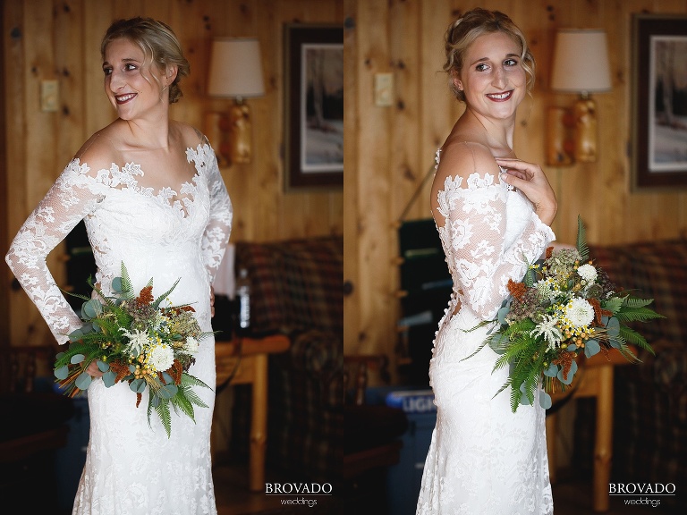 Bridal portraits in cabin with orange and green bouquet