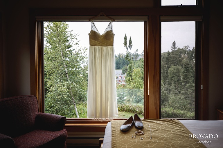 Karen's dress hanging in the window of Lutsen Resort