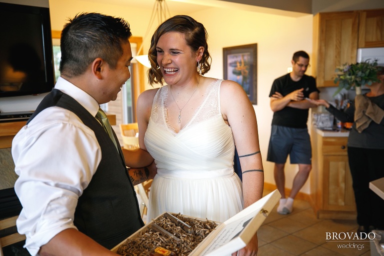 Karen giving a wedding party member his gift