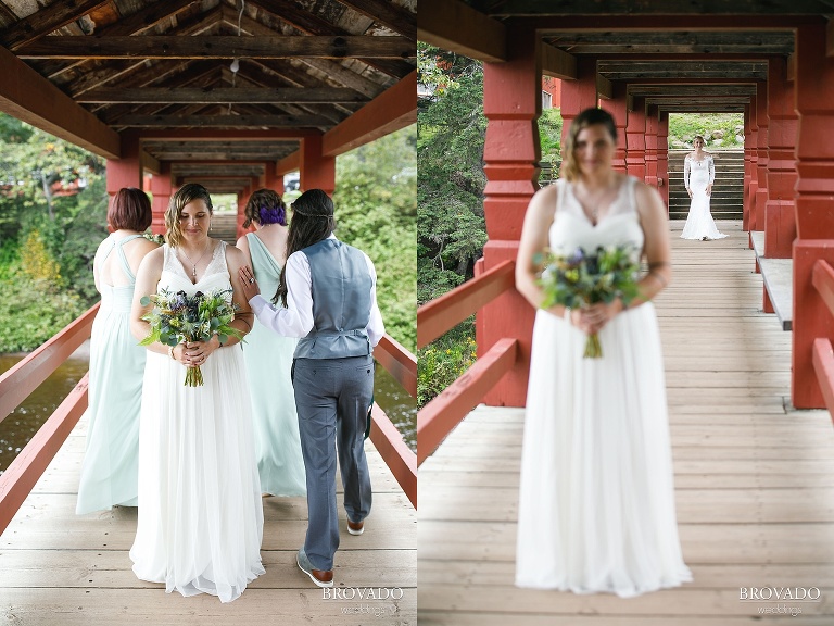 Nina walking up behind Karen for first look on Lutsen Resort bridge
