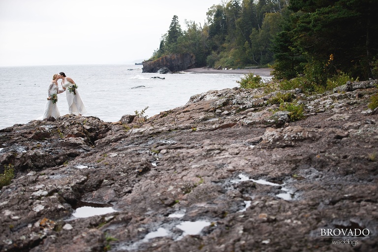 Two brides get married on Lake Superior with wedding photos at Lutsen Resort