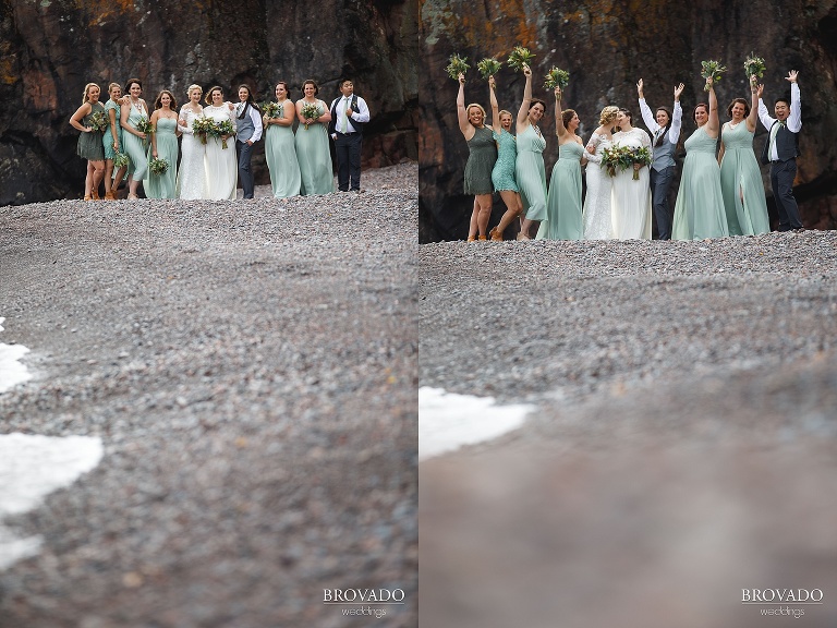 Nina and Karen's wedding party celebrating on lake superior shore