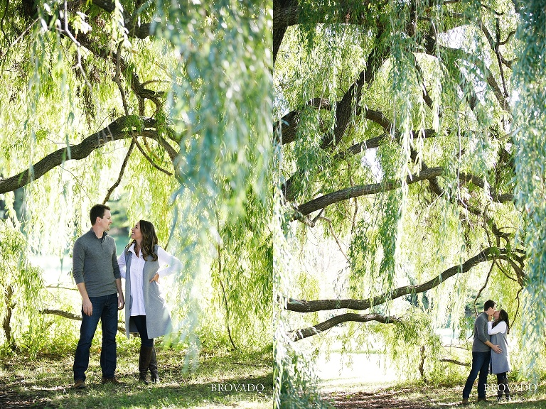 Hannah and Jason posing with a willow tree