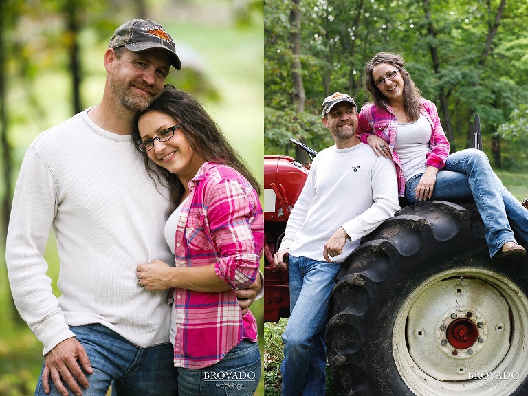 Engaged couple posing with their tractor