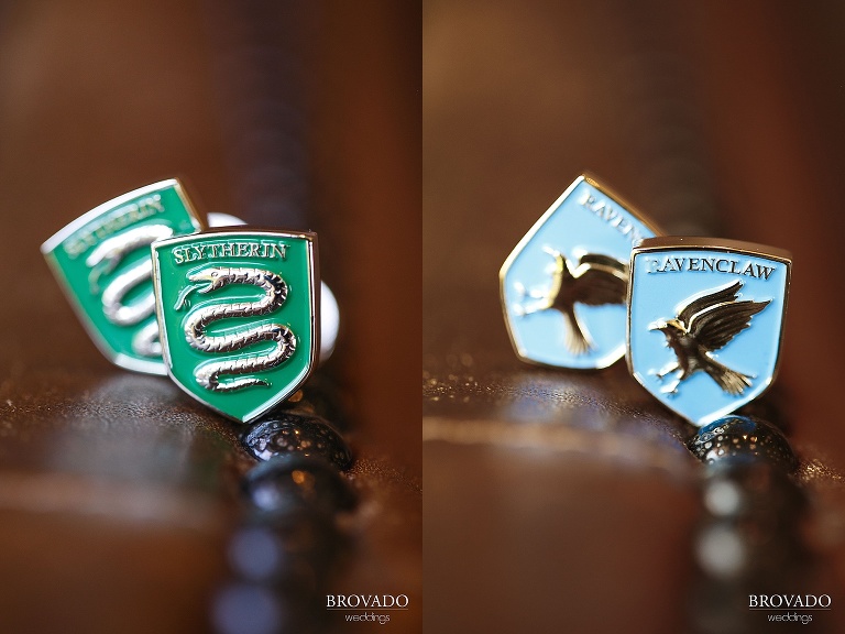 Detail of slytherin and ravenclaw cufflinks