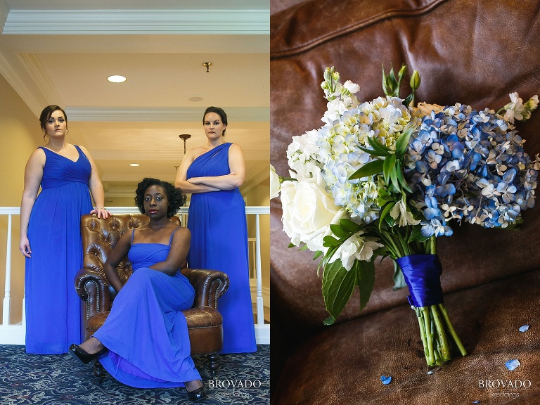 Bridemaids posing in blue dresses