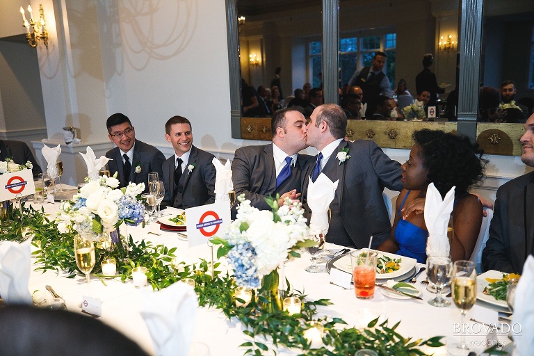 Tom and Zach kissing at Wayzata Country Club gay wedding reception