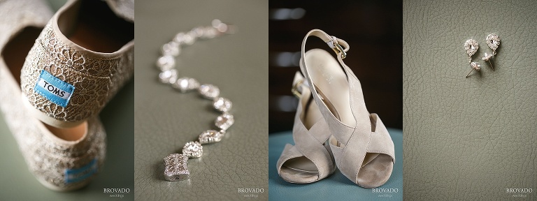 Details of wedding heels, toms, and jewelry