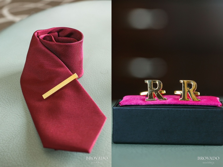 Derek's red tie and cufflinks