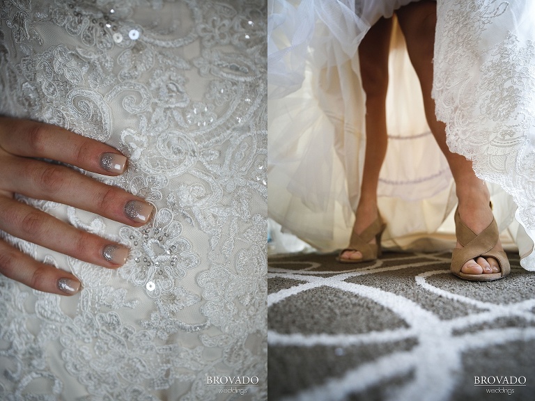 Detail of bride's taupe shoes and silver glitter nails